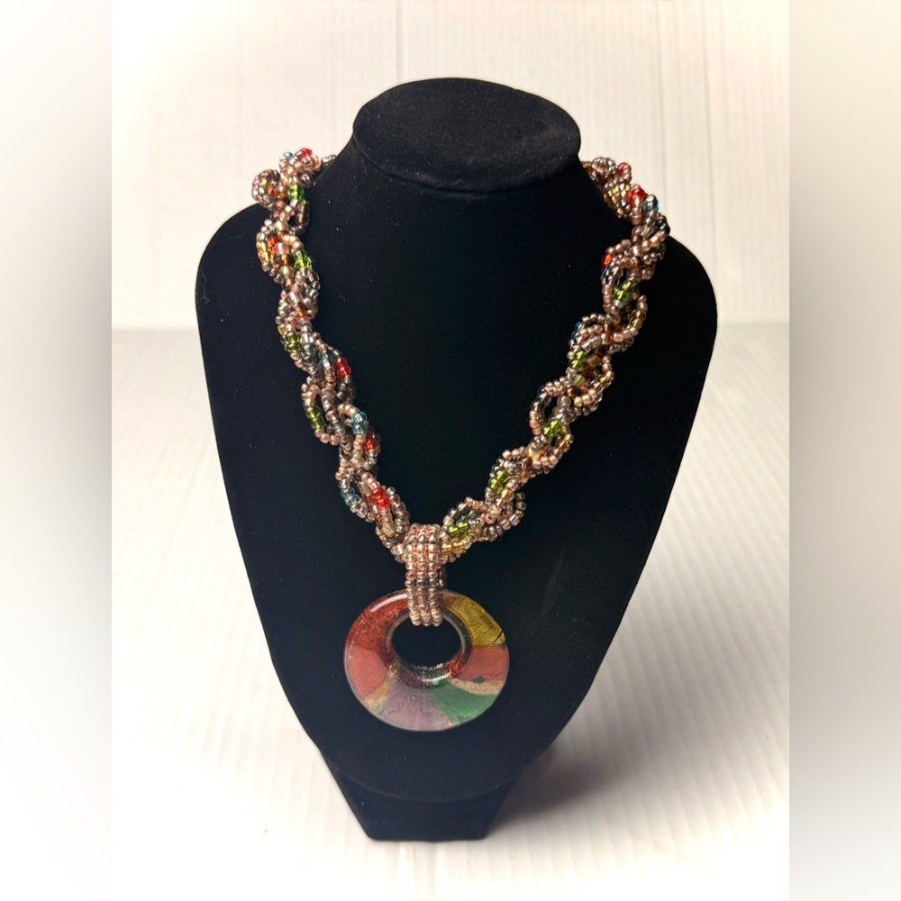 Boho Multi Strand‎ Seed Bead Necklace Large Glass Pendant Colorful Earthy Beachy